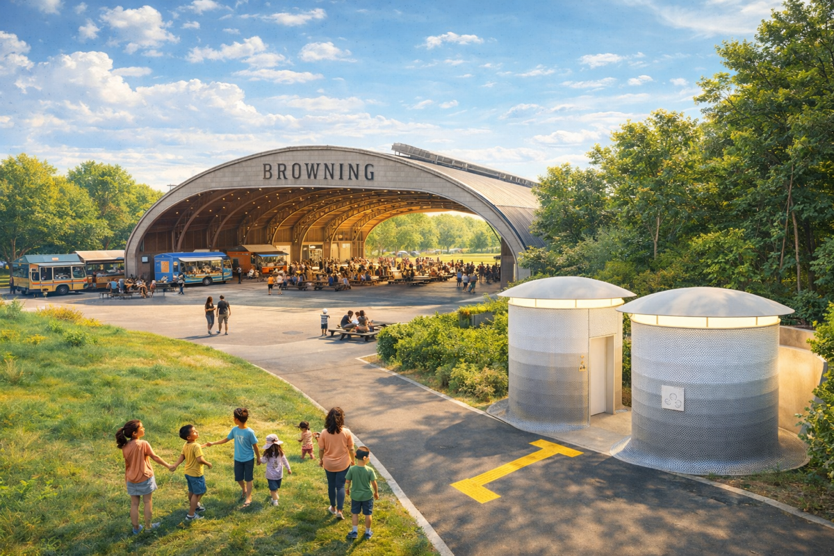 browning-hangar-welcoming-public-space Children approaching a public facility near the Browning Hangar in a calm, everyday setting.
