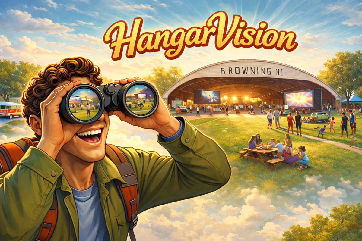 browning-hangar-future-vision Illustration imagining the Browning Hangar as a welcoming public space with community activity and shared amenities.