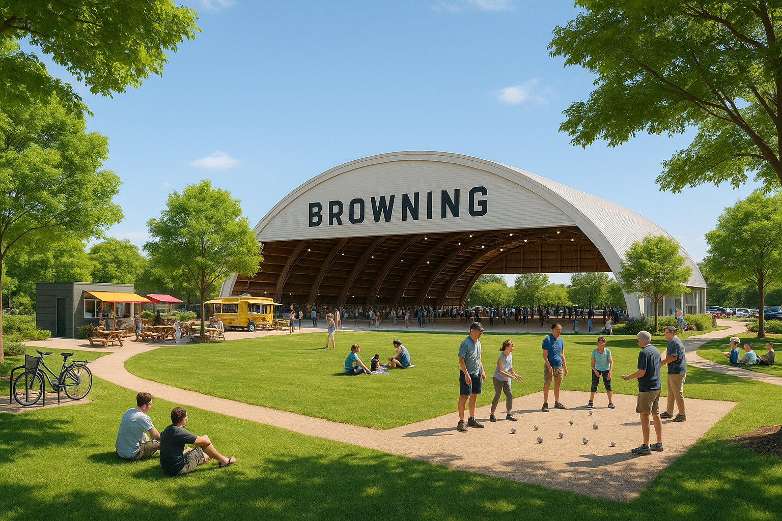 browning-hangar-community-commons People gathering informally in a green open area near the Browning Hangar.
